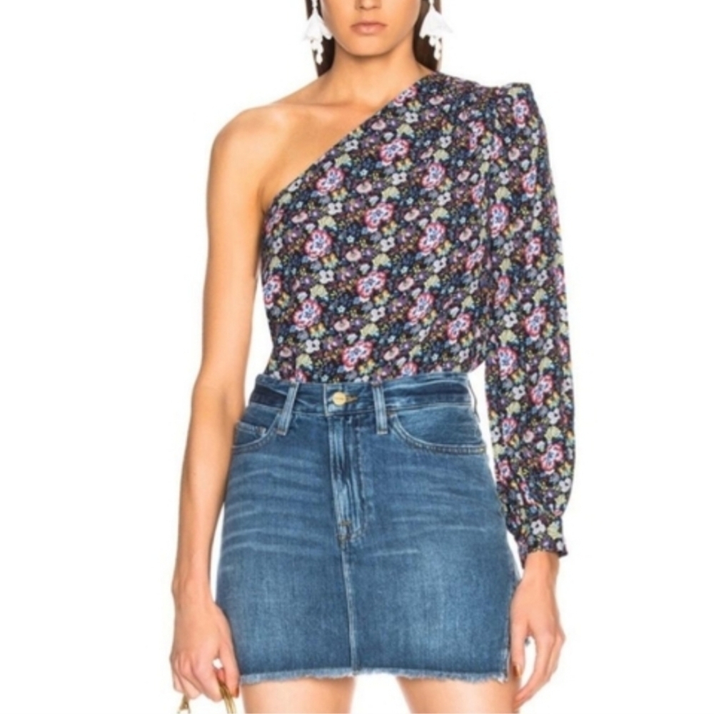 Frame Navy Floral Print One-Shoulder Top, Size Medium